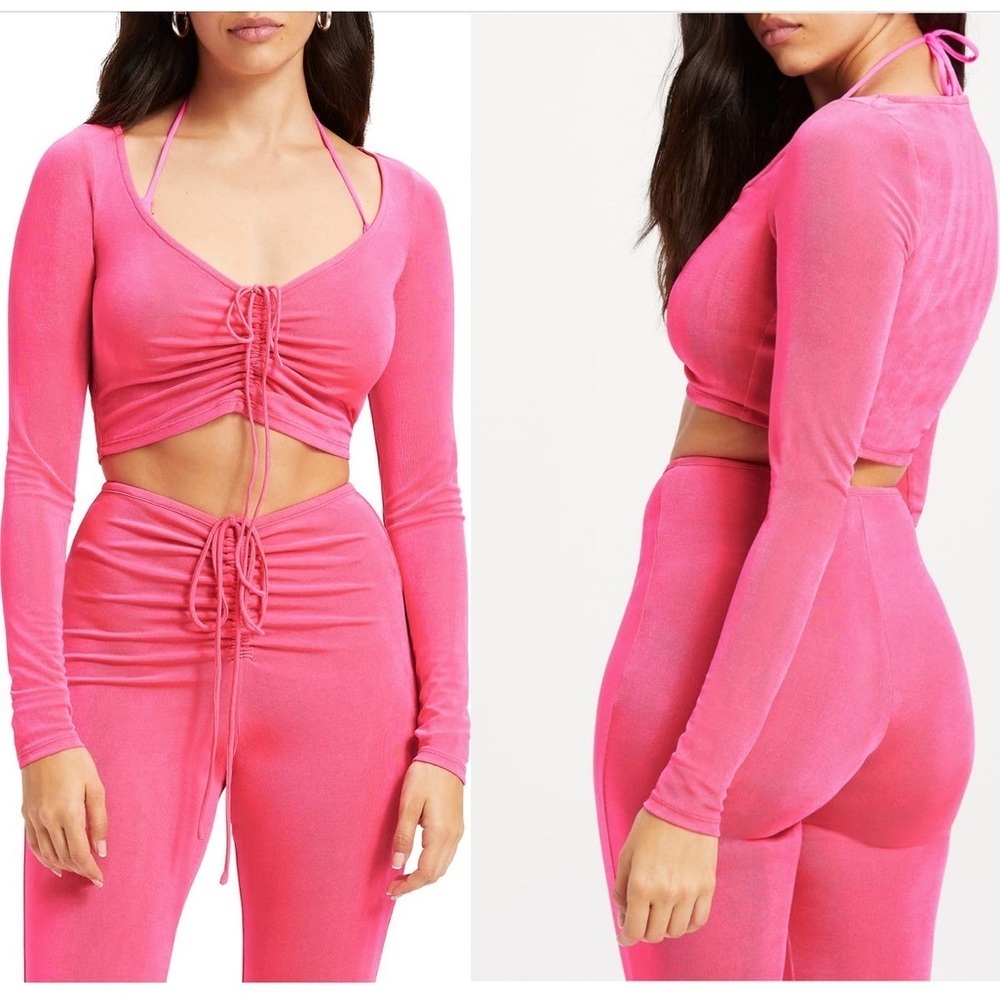 Good American Hot Pink V neck Ruched Crop Long Sleeve blouse Top Size 10-12